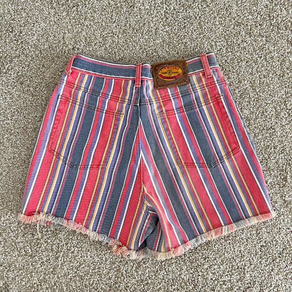 90s Vintage Striped Denim Shorts Multicolor Distressed Raw Hem Summer Cartini S - Picture 3 of 5